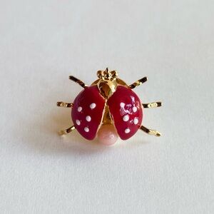 Ladybug Pin Brooch with Angel Skin Coral Bead (Red and White Enamel on Gold)